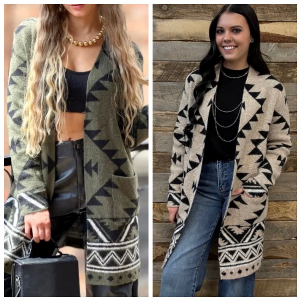 Frye Cozy Cardigan Olive Green Knit Boho Western Aztec Duster Long Sweater S - Picture 11 of 16